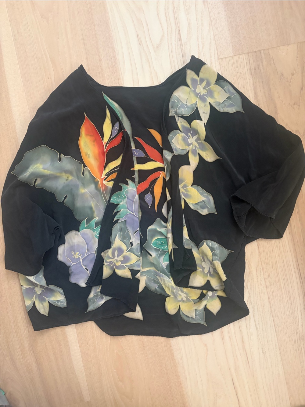 Vintage, Black, Floral Silk Blouse with Hand-Painted Detail size Small/medium